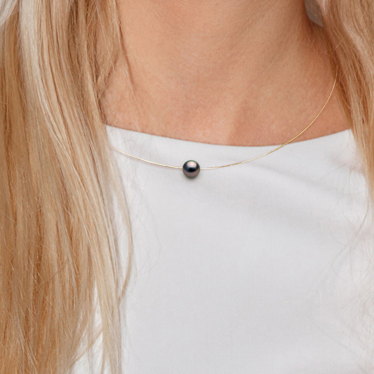 Collier - Véritable Perle de Culture de Tahiti Ronde 10-11 mm - Câble Or Jaune