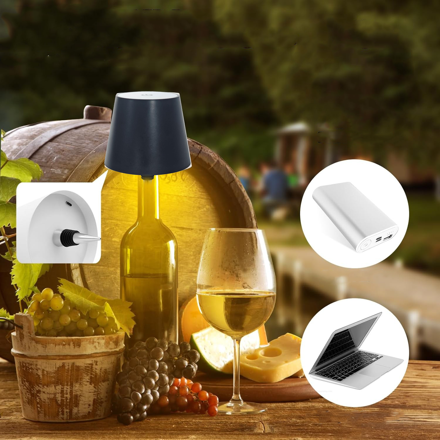 LED Akku Tischleuchte Wein Flaschen Aufsatz Home Deko Lampe Kabellose Whiskyflaschen Beleuchtung mit Touch Steuerung / 3 Farbmodi - Schwarz