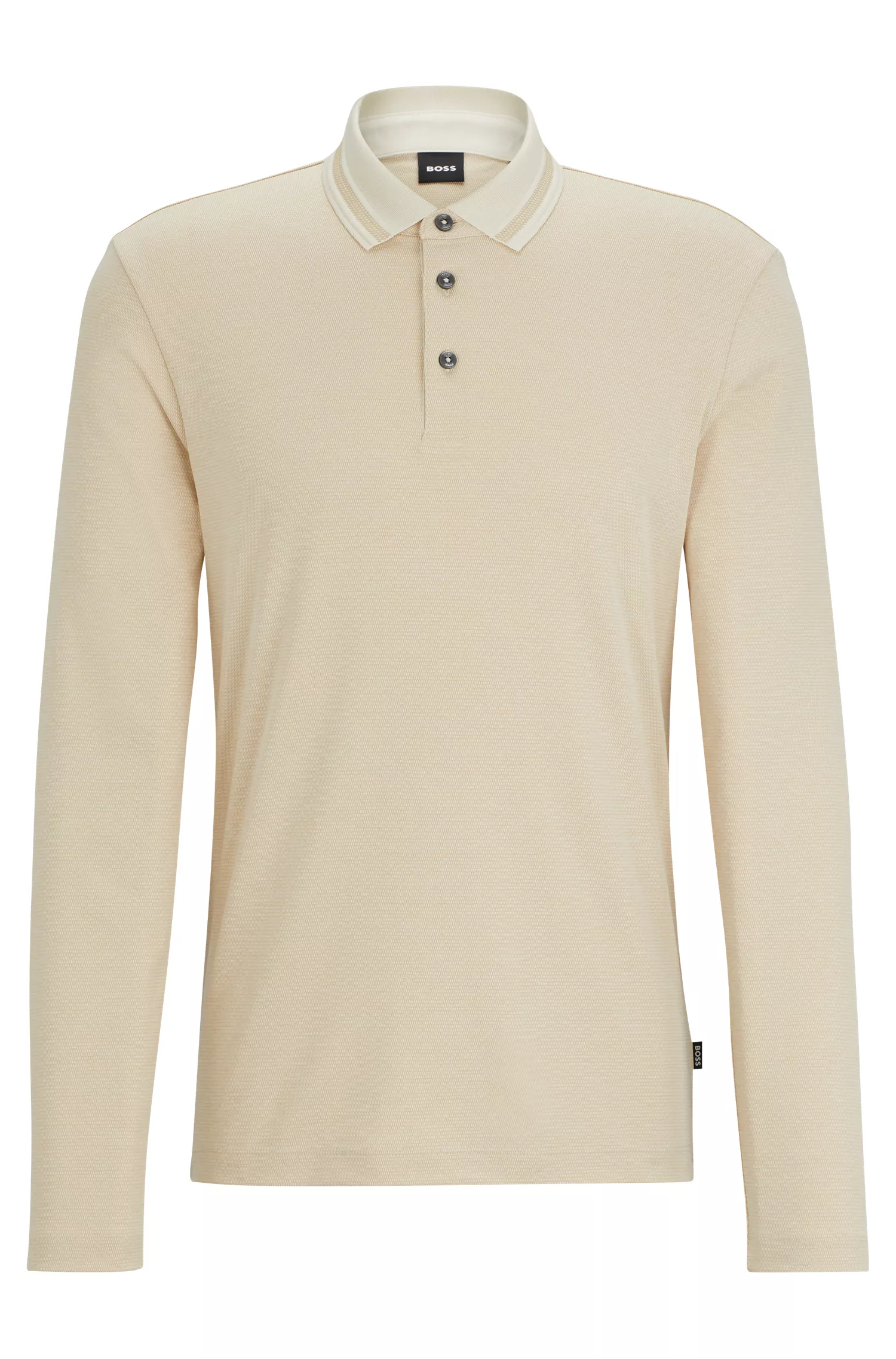 Camisa polo BOSS preta, corte slim, manga comprida e padrão trançado.