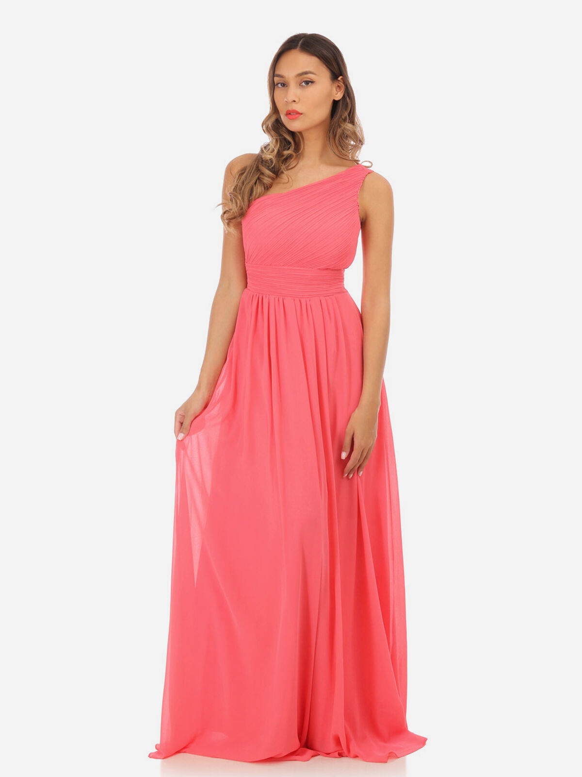 Robe longue drapée one shoulder- Corail