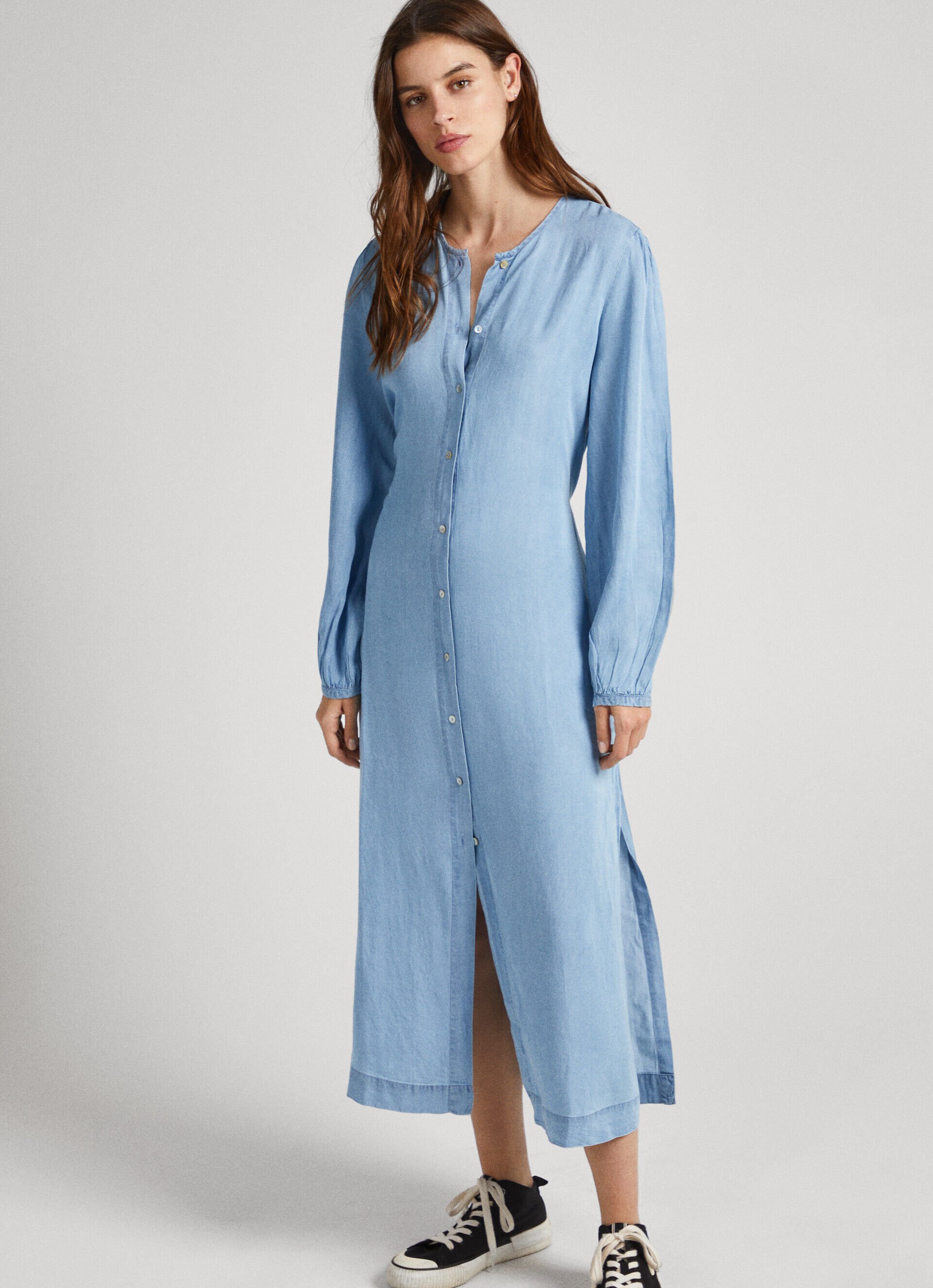 VESTIDO DE TENCEL COM DECOTE REDONDO - azul