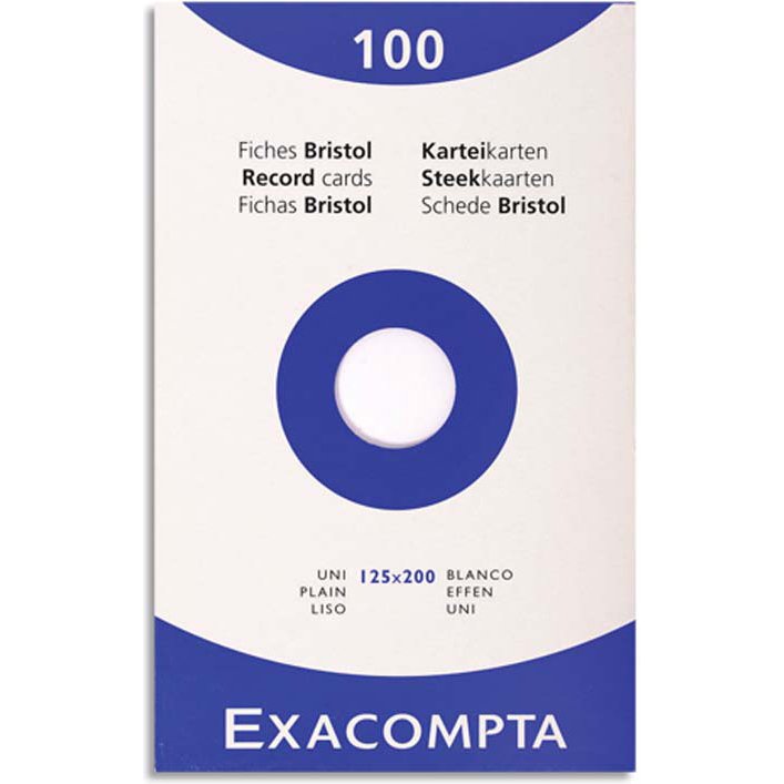 Etui de 100 fiches exacompta bristol blanc uni non         perforee 125x200mm