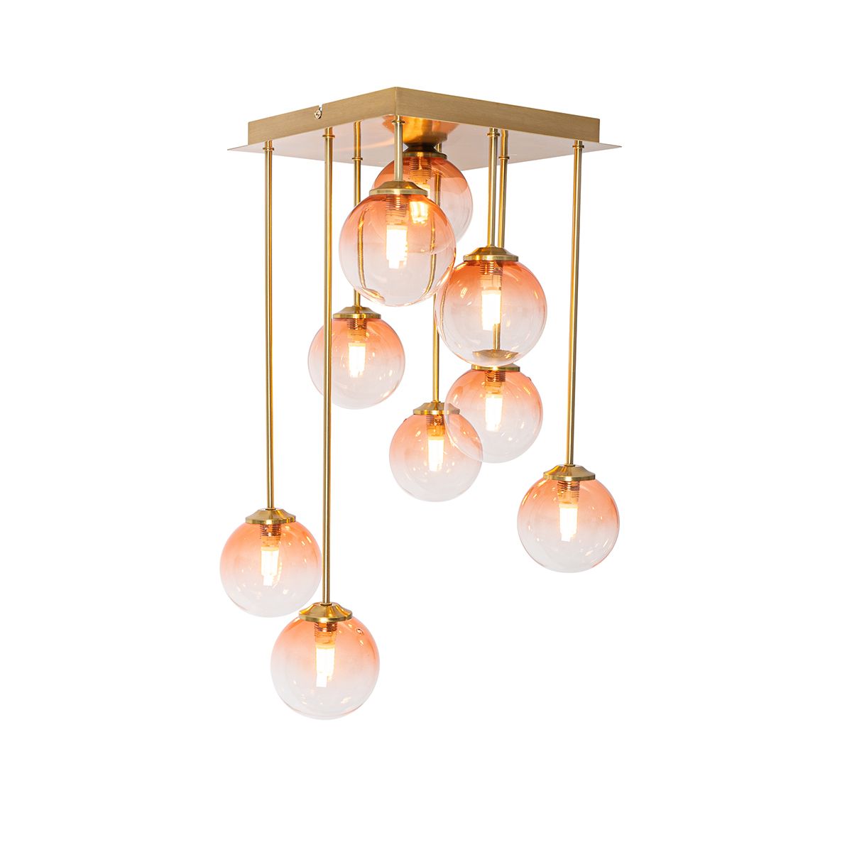 Art Deco plafondlamp goud met roze glas 9-lichts - Athens