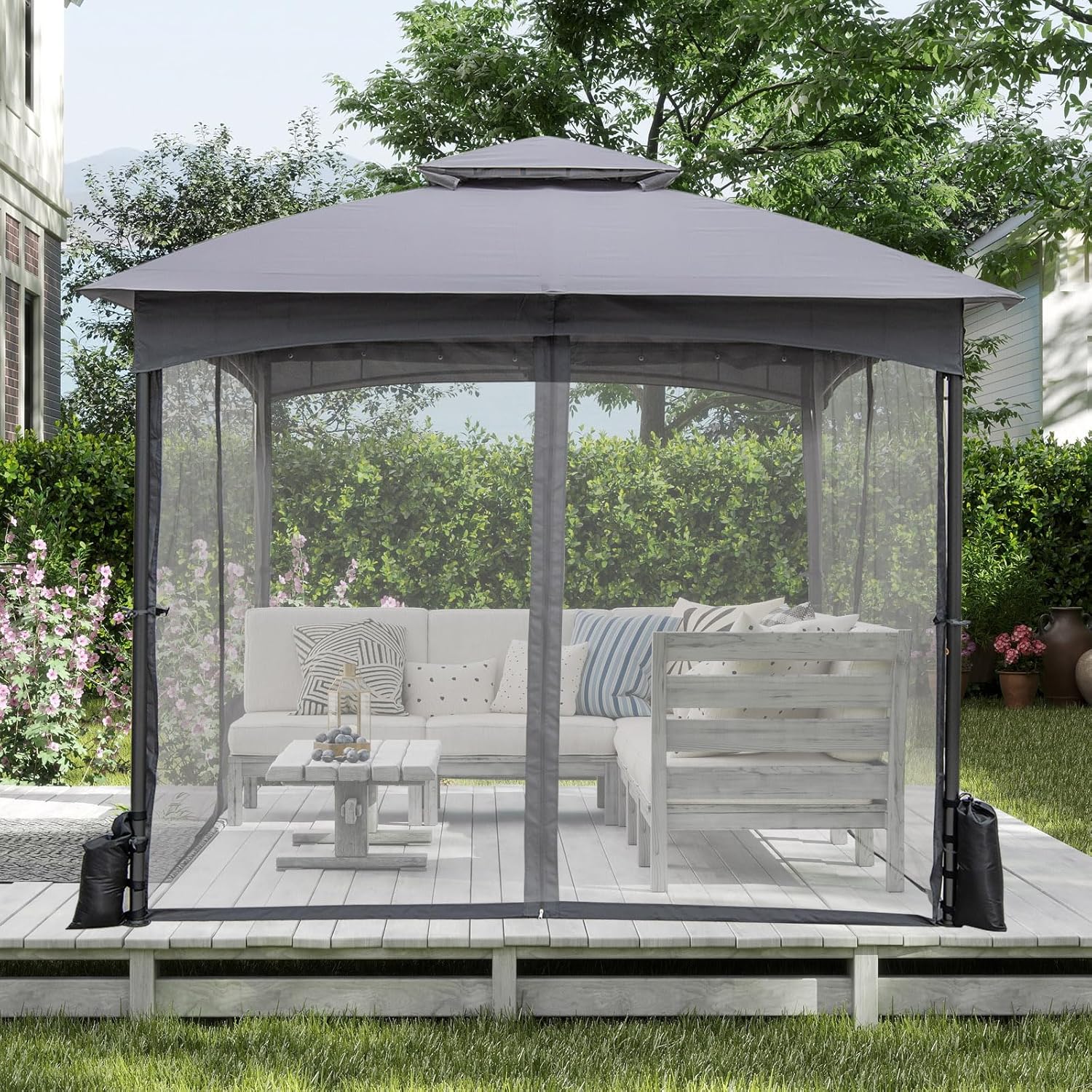 COSTWAY Pavillon 3 x 3 m, Gartenpavillon mit 4 Sandsäcken & 4 Moskitonetz & Doppeldach, Wasserdicht & Stabil & Winterfest, Gartenzelt inkl. Haken, Partyzelt für Terrasse Garten (Grau)