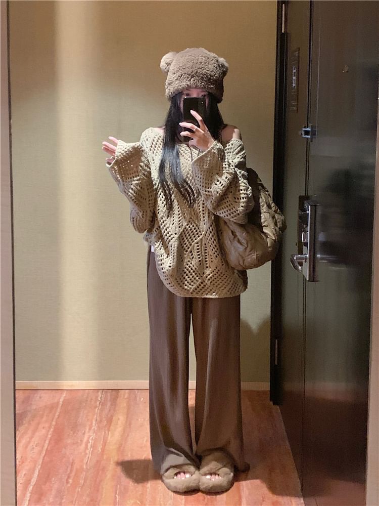 Shinsei - Top met lange mouwen en geperforeerde effen gebreide boothals / Broek met hoge taille en wijde pijpen