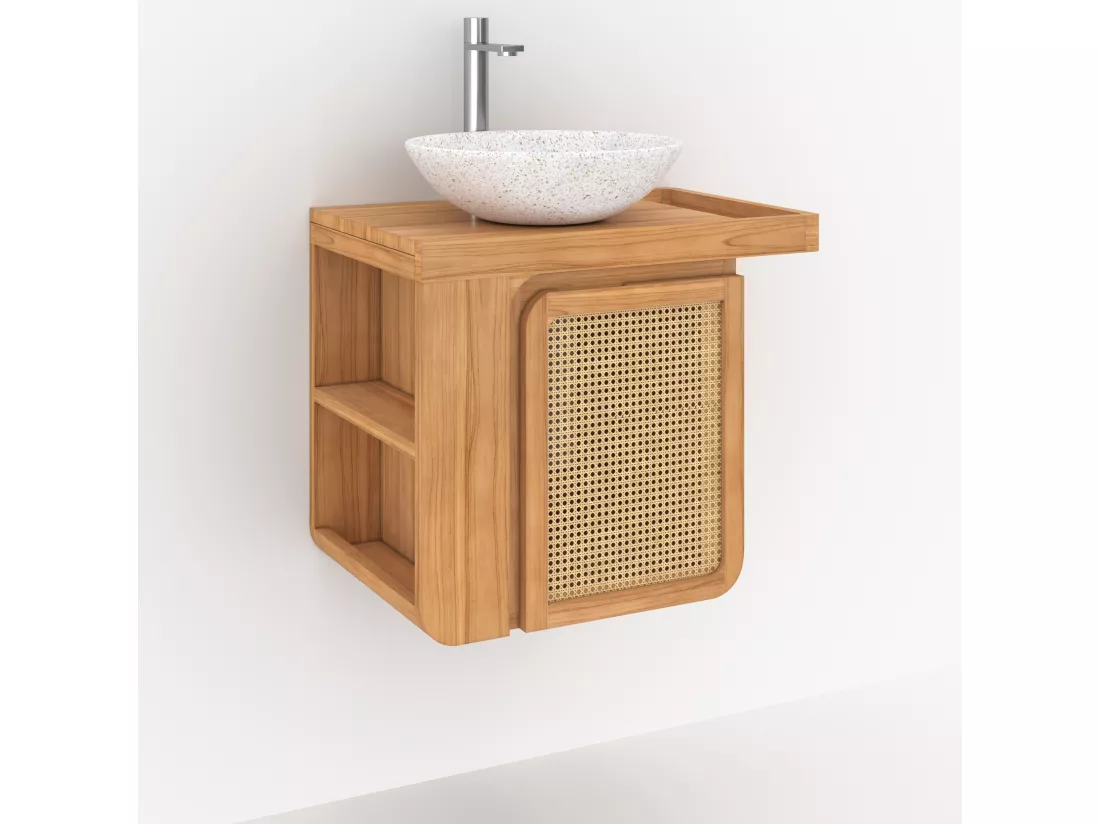 Meuble de salle de bain suspendu en bois de teck et cannage 57 cm - Dami