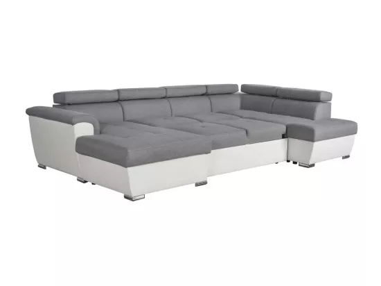 Canapé d'Angle Panoramique 6 Places Paola Convertible en Simili/Tissu Avec Coffres - Blanc/Gris - L322 x P196 x H76cm - Loungitude