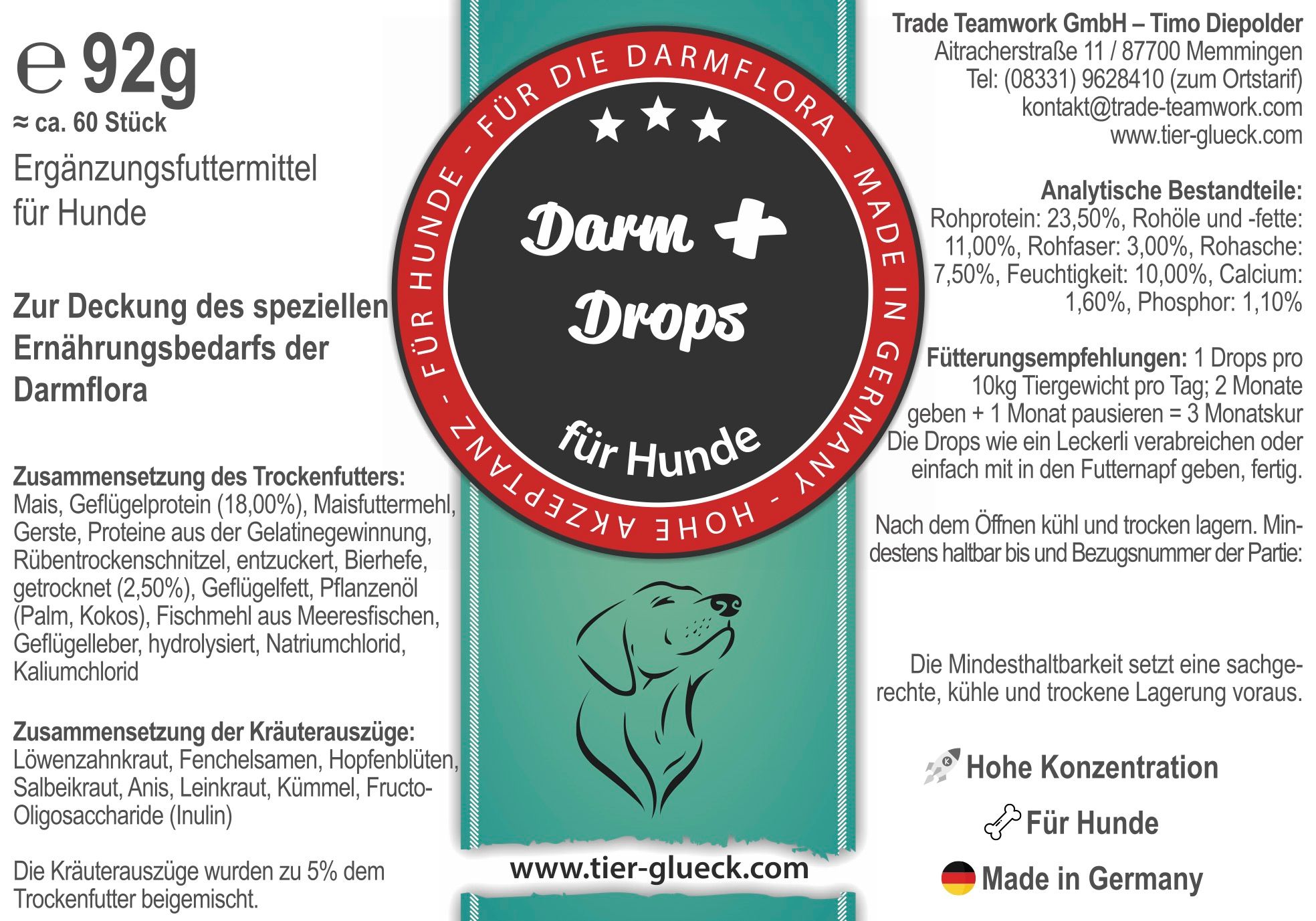 TierGlück Darmerli Drops mit Löwenzahn, Salbeikraut & Anis für Hunde
