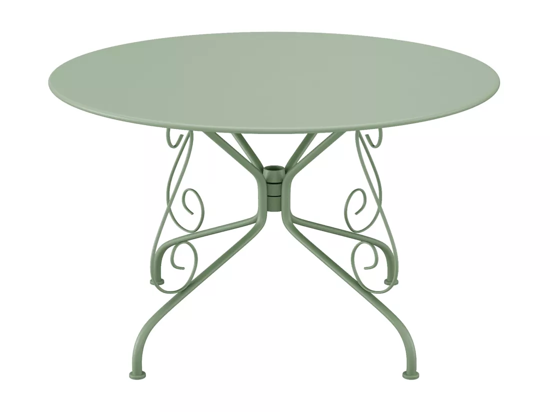 Salle à manger de jardin en métal façon fer forgé : une table D.120cm et 4 fauteuils empilables - Vert amande - GUERMANTES de MYLIA