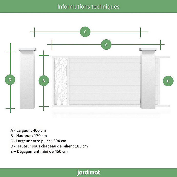 Portail Jardimat coulissant aluminium Fréjus blanc 9016 - 400 x h.170 cm