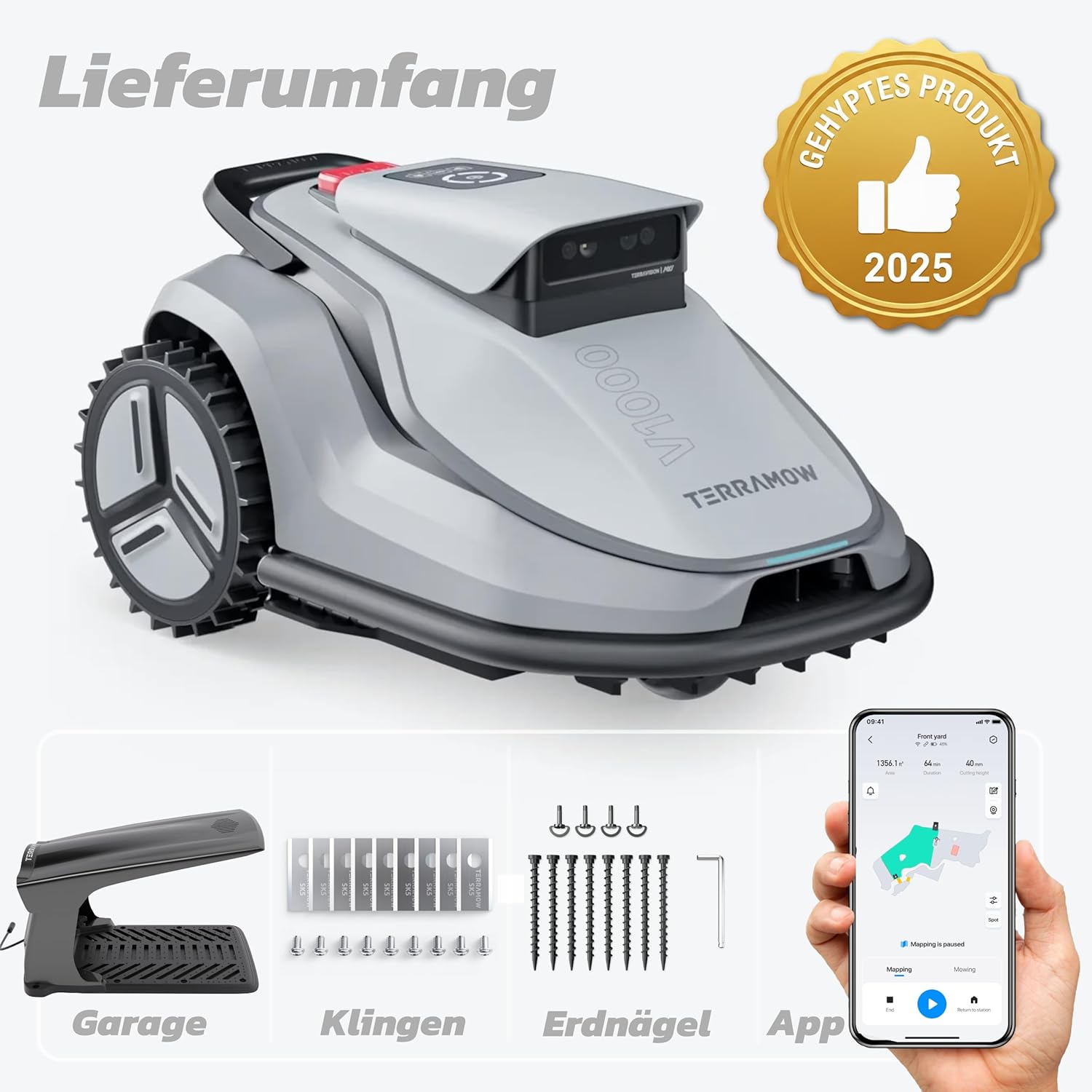 Terramow V1000 Mähroboter ohne Begrenzungskabel, ohne RTK, mit KI-Bilderkennung und Hinderniserkennung für Garten bis 1200m²