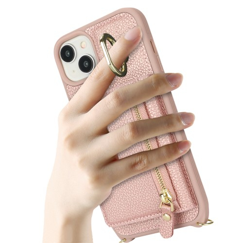 iPhone 14 / iPhone 13 Necklace Leder Hülle mit Münzfach und Kartenfächer   Finger Griff Halterung   Handykette - Roségold