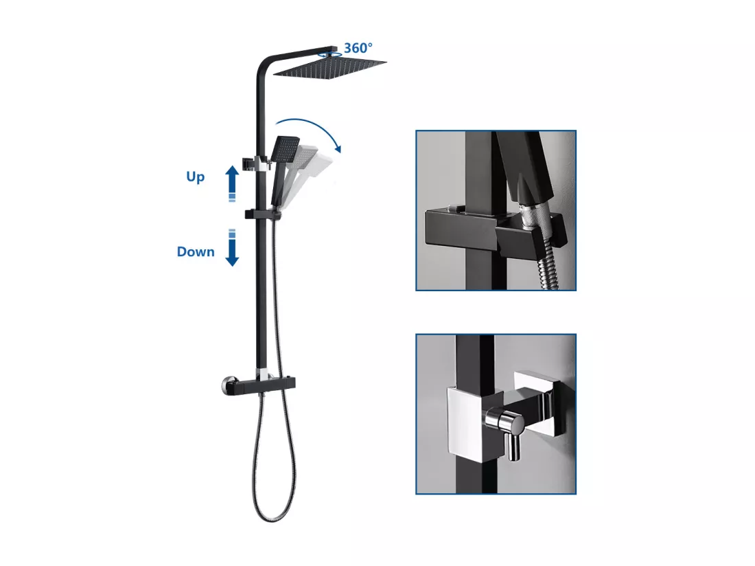 Colonne Douche avec Mitigeur Thermostatique 2 Fonctions Ensemble de Douche avec Douchette de tête 9 pouces,Haute Réglable,Salle Bain,Noir,EU Modèle