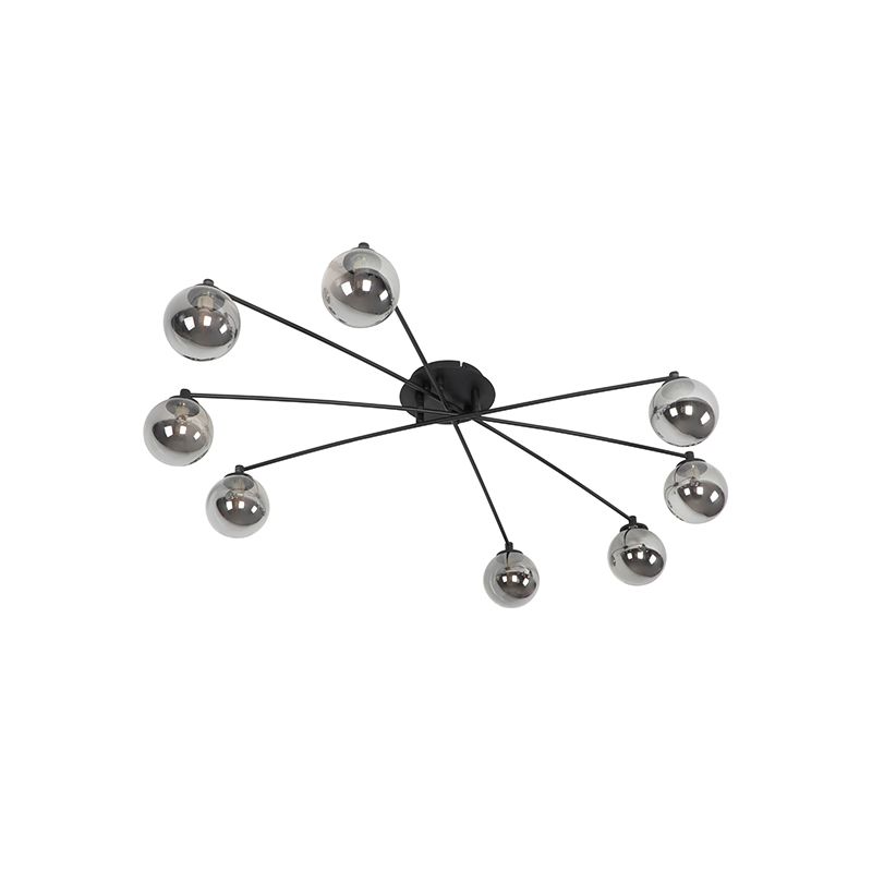 Moderne plafondlamp zwart 8-lichts met smoke glas - Athens