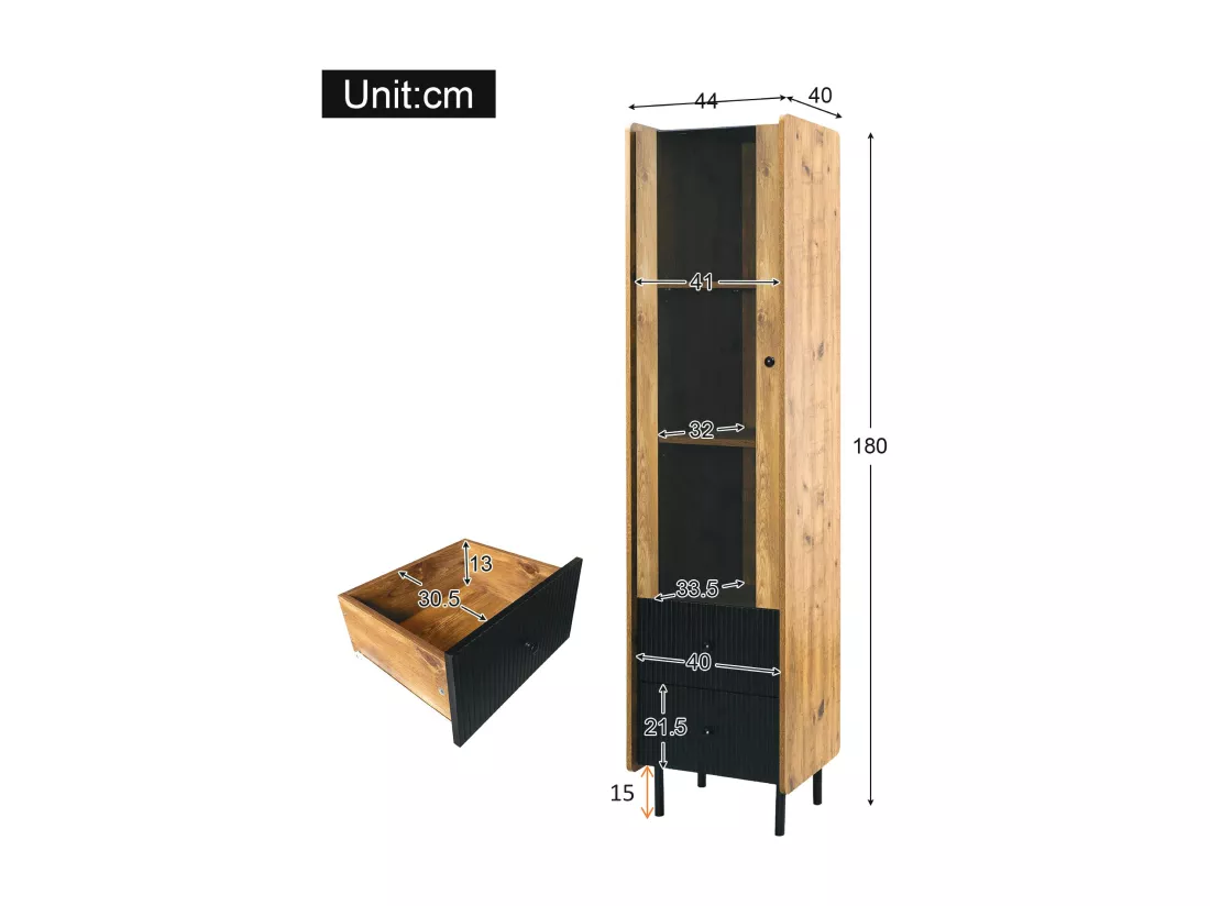 Buffet 180 cm - avec LED et porte vitrée - 2 tiroirs - Naturel + Noir