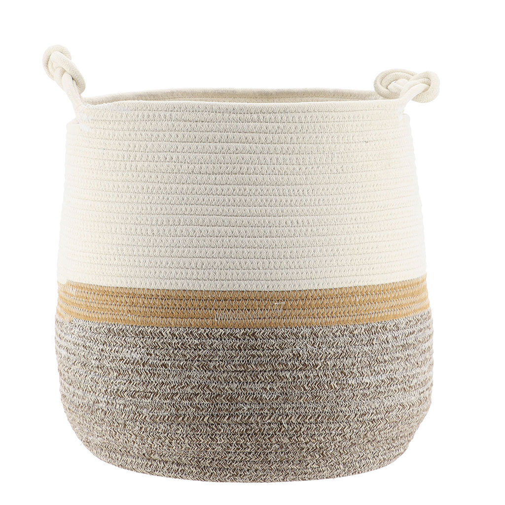 Panier à linge avec anses roseau tressé et coton gris et blanc 37x33cm