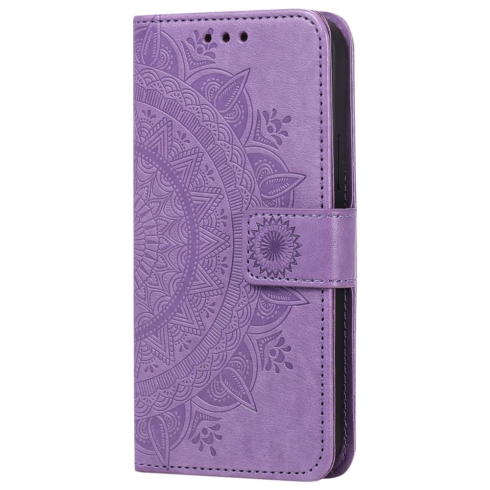 iPhone 12 / iPhone 12 Pro Leder Tasche Wallet - Mandala Flowers Imprint - Lila