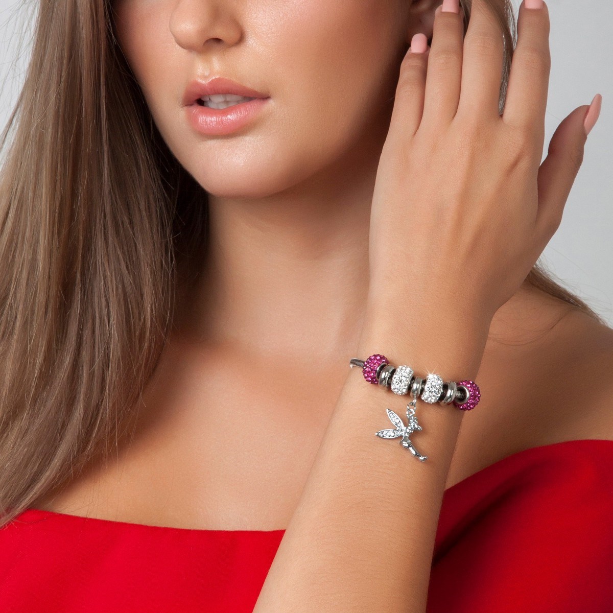 Bracelet de charms perles roses et acier SC Crystal