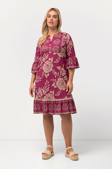 Minikleid, Blüten, A-Linie, V-Ausschnitt, 3/4-Arm