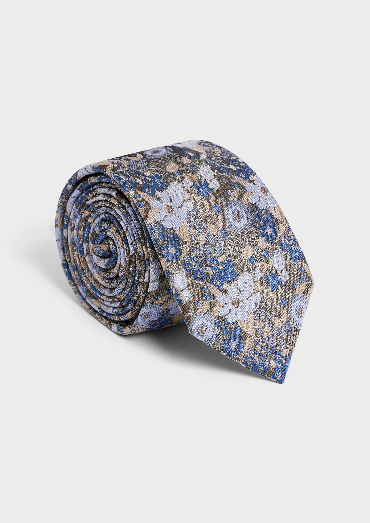 Cravate large en soie mélangée cognac à motif fleuri bleu chambray