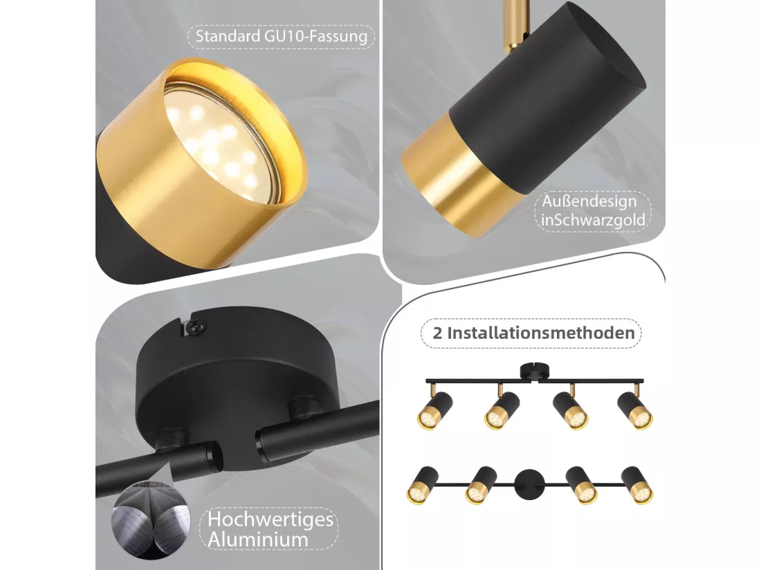NETTLIFE Spot de plafond GU10 lampe de couloir noir doré orientable à 350° vintage