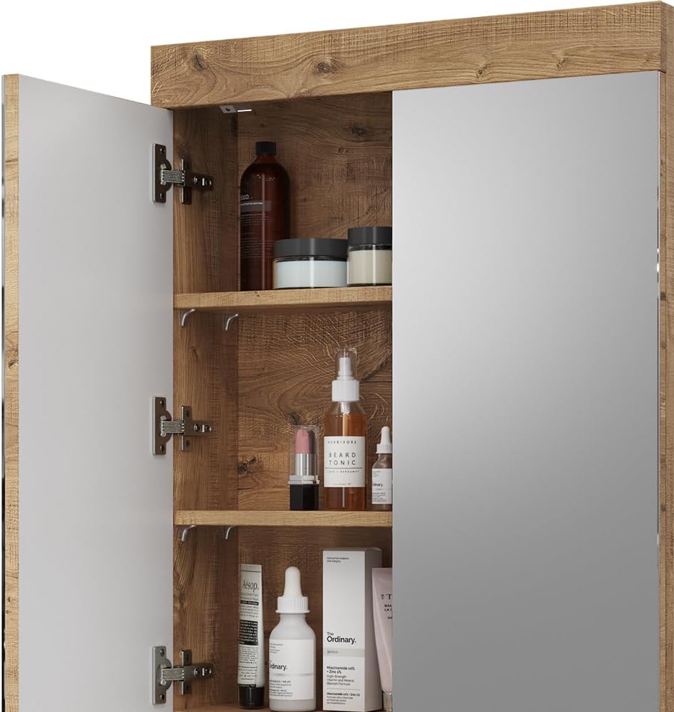 Vicco Badspiegelschrank Eiche Wotan Luna 60x77x17 cm - Badezimmerschrank mit Spiegel, Einfache Wandmontage inkl. Zubehör