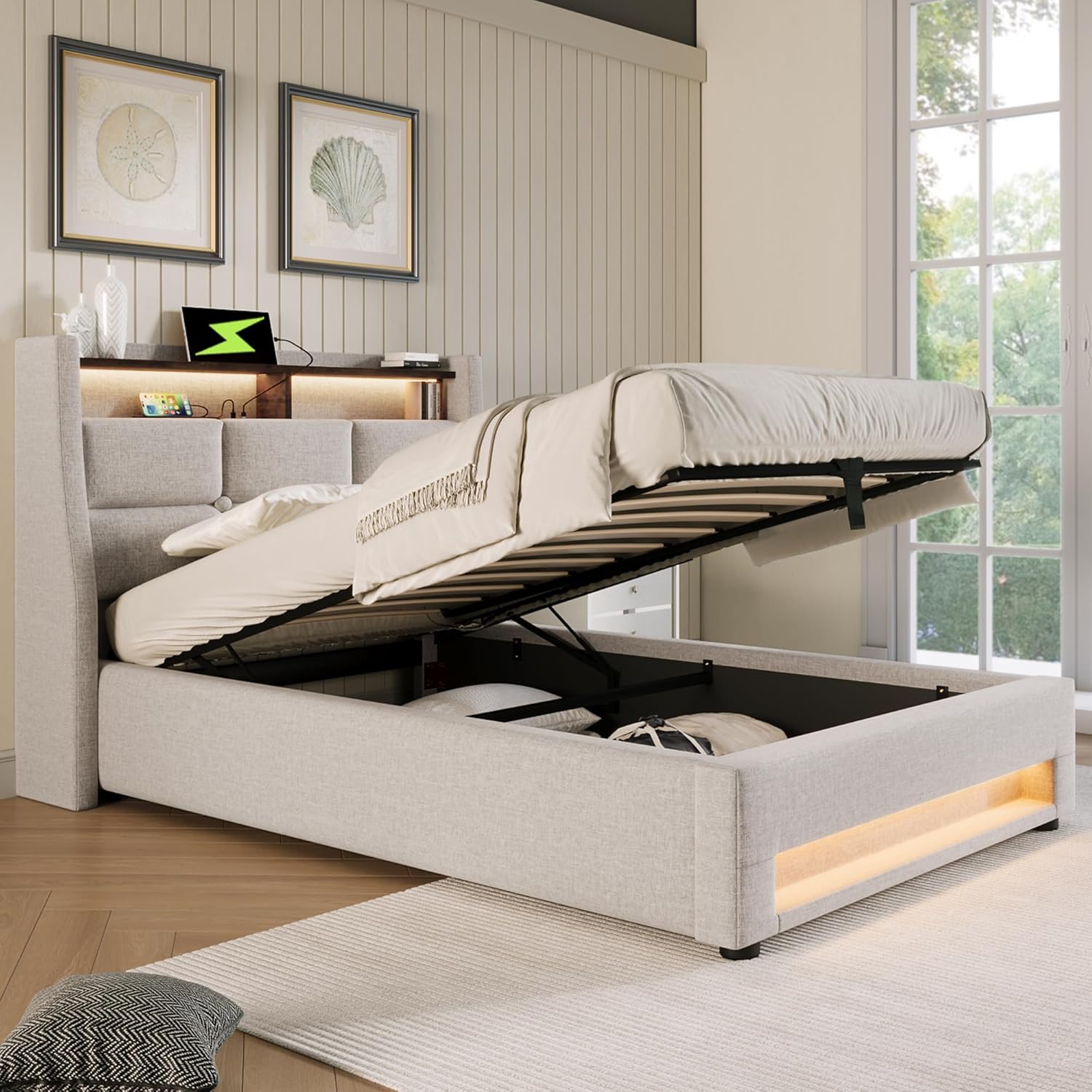 Einzelbett Polsterbett 90x200 cm mit USB-LED-Kopfteil, Hydraulisch Bett mit Stauraum, Bettgestell mit Lattenrost, Jugendbett, Schlafzimmer Möbel, Beige, Leinen, Ohne Matratze