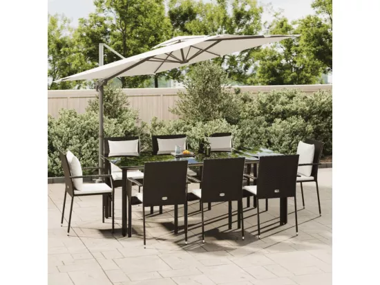 Ensemble à manger jardin 9pcs et coussins noir résine tressée