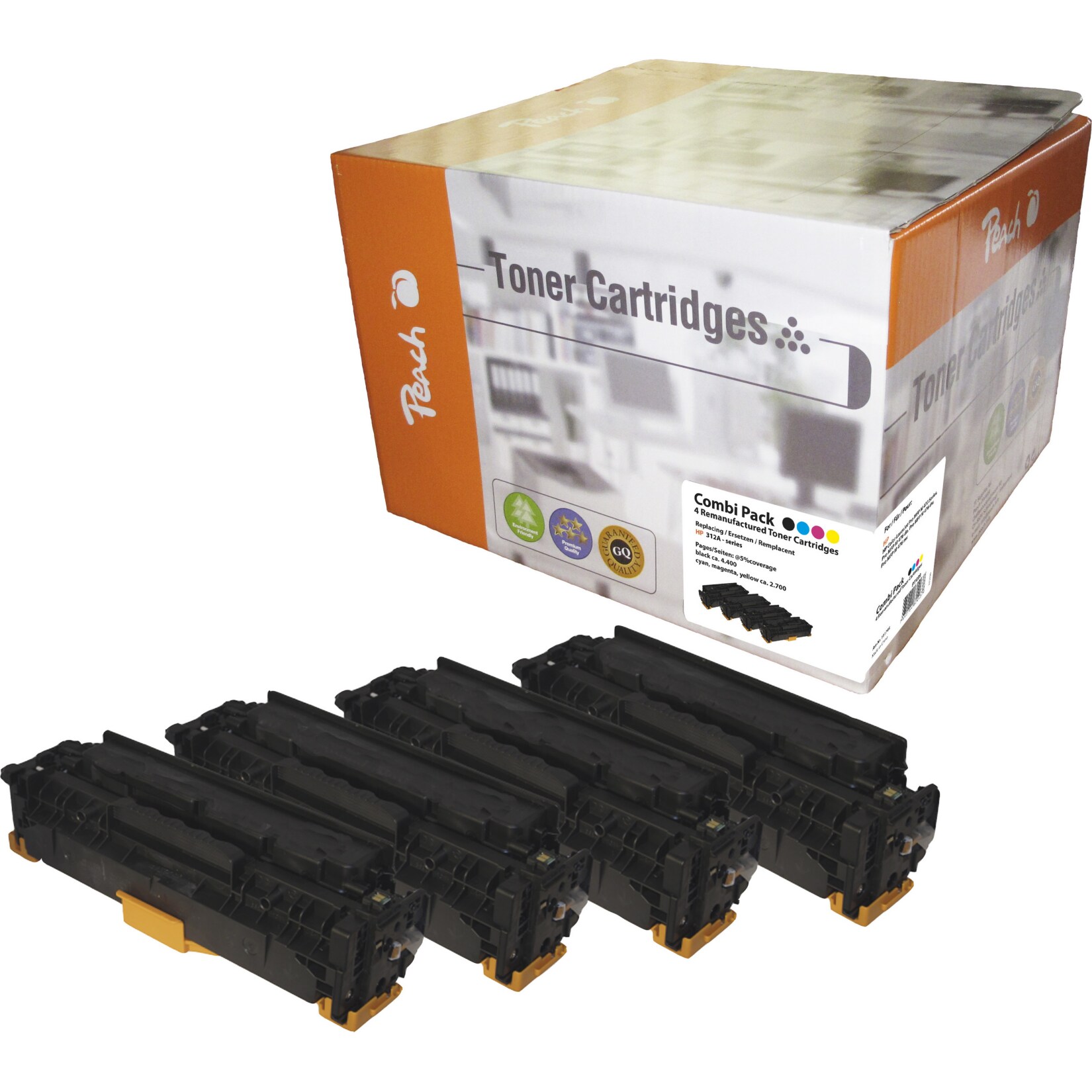 Peach HP 312 X 4 Toner XL (bk, c/m/y) ersetzt HP No. 312X, CF380X, CF381A, CF382A, CF383A für z.B. HP Color LaserJet Pro MFP M 476 dw (wiederaufbereitet)