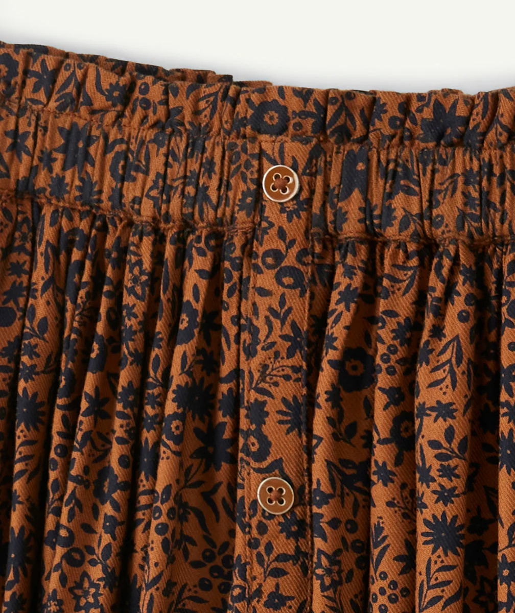 JUPE LONGUE FILLE EN VISCOSE REPONSABLE IMPRIMÉE FLEURIE MARRON ET NOIR