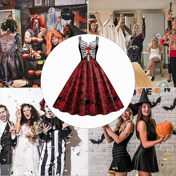 (175cm) Halloween Erwachsenen Kostüm Hexen Skelett Rosen Kleid Verkleidung für Motto Partys / Fasnacht - Schwarz / Rot