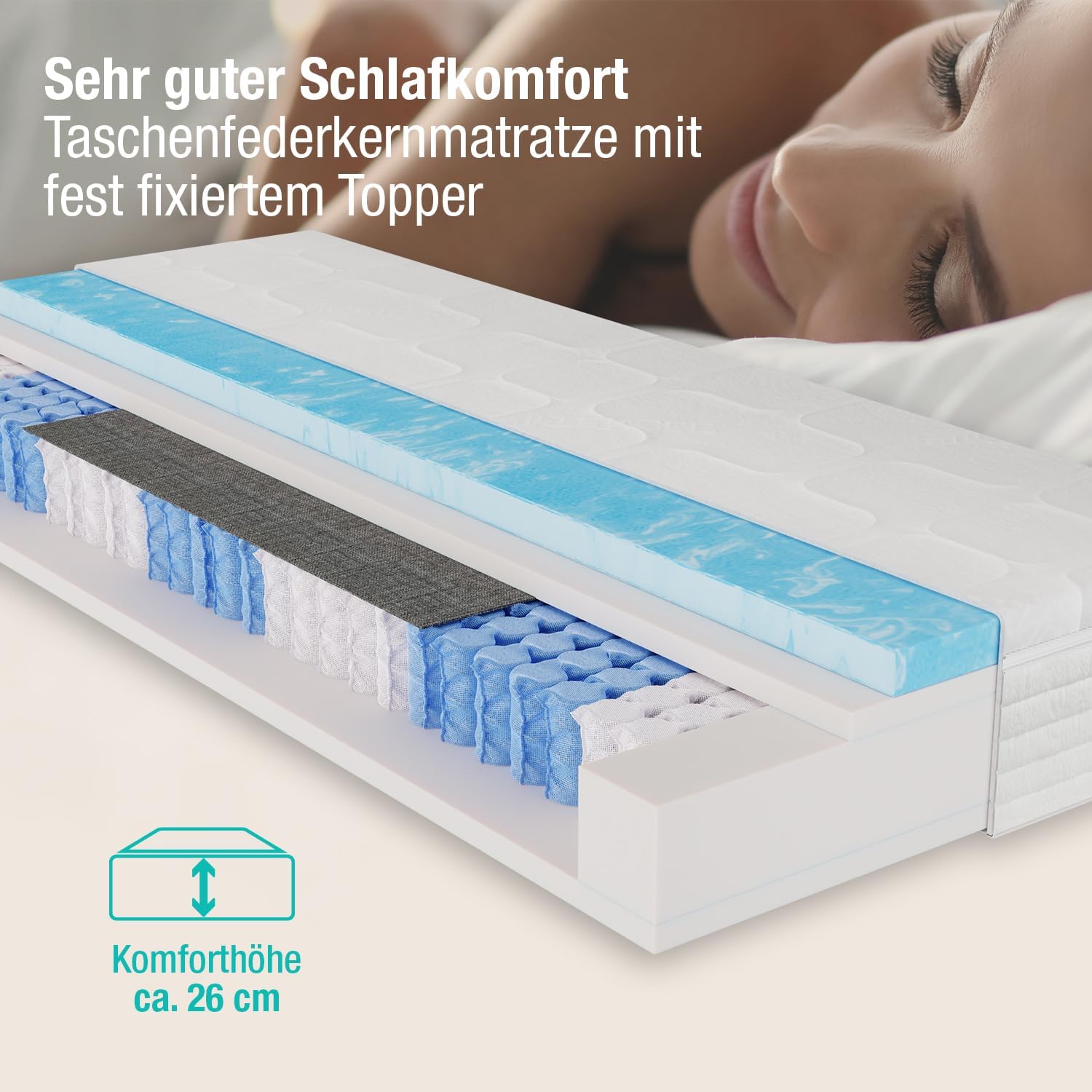 BeCo Matratze Royal Komfort Gel / 100 x 200 cm / H3 / 26 cm/Taschenfederkern mit Topper