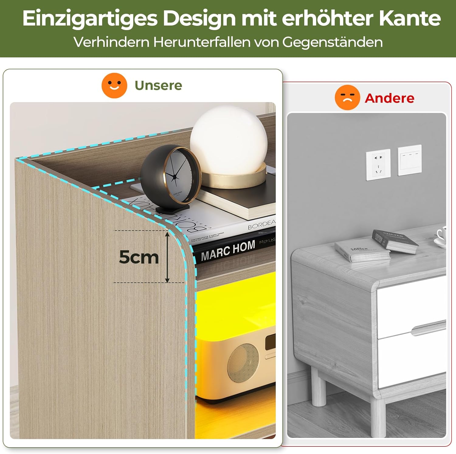 Nachttisch 2er Set mit Ladefunktion und LED-Licht Nachtschrank 2er Set mit 2 Schubladen und 1 Offenes Fach Beistelltisch für Schlafzimmer, Wohnzimmer, Einfache Montage, Modern, Hell Eiche