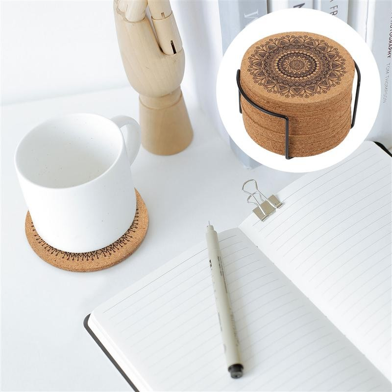 (12er Set) Ø10cm Kork Getränke Untersetzer Mandala Glasuntersetzer   Halterung - Braun