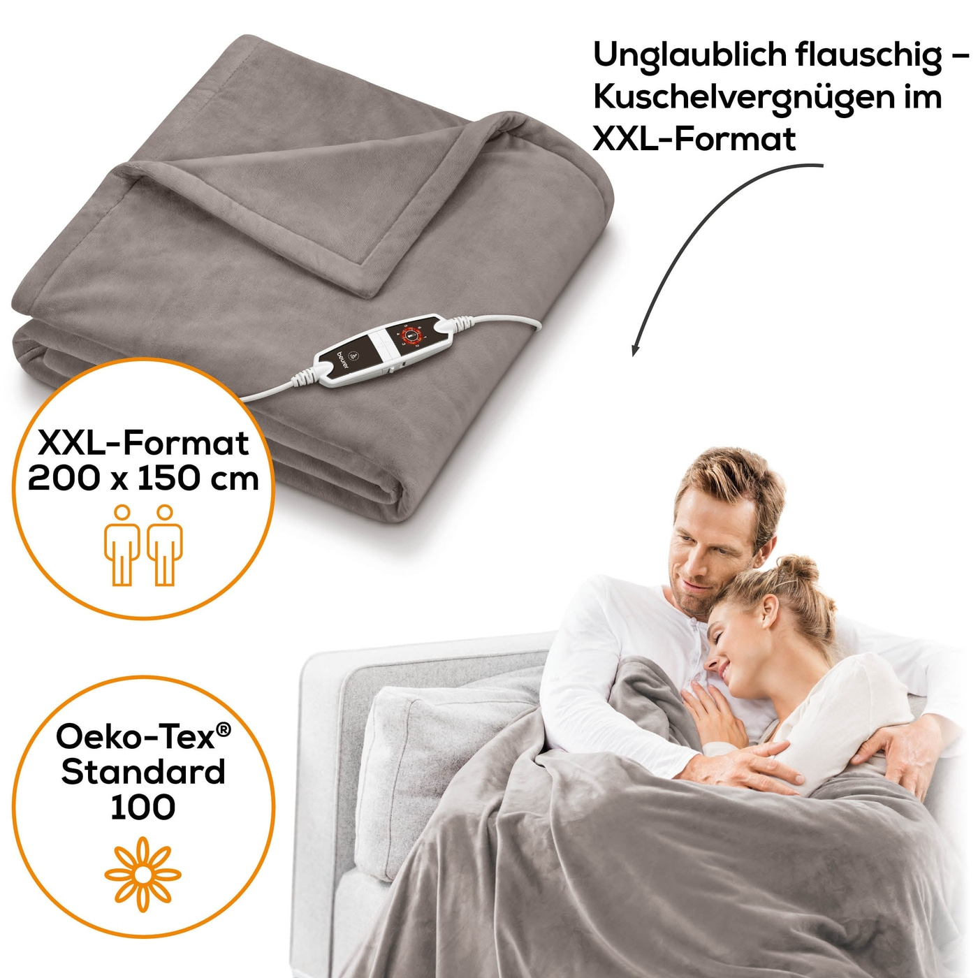 (200x150cm) HD 150 XXL Flausch Heizdecke Elektrische Wärmedecke mit 6 Hitzestufen (43105) - Nordic Taupe