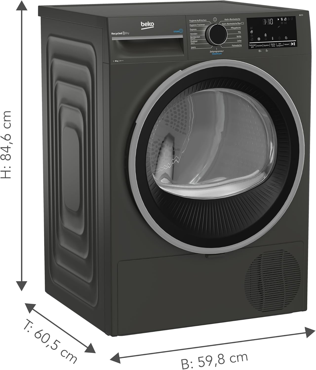Beko B3T22491M Wäschetrockner Serie b300, 8 kg, Frontlader, Wärmepumpentrockner, 15 Programme, Sensortrocknung, Dampffunktion, Silent-Programm, Allergikergeeignet, Säulenfähig, Manhattan Gray