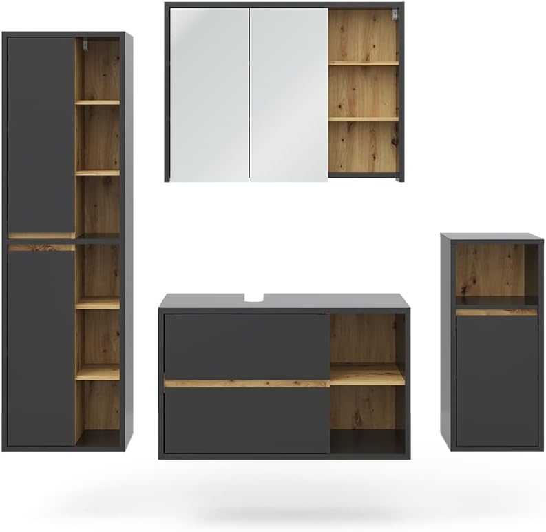 Vicco Badmöbel-Set Anthrazit Viola, bestehend aus Badspiegelschrank, Waschbeckenunterschrank, Midischrank, Hochschrank - Mehr Stauraum ohne Bodenfläche zu nutzen
