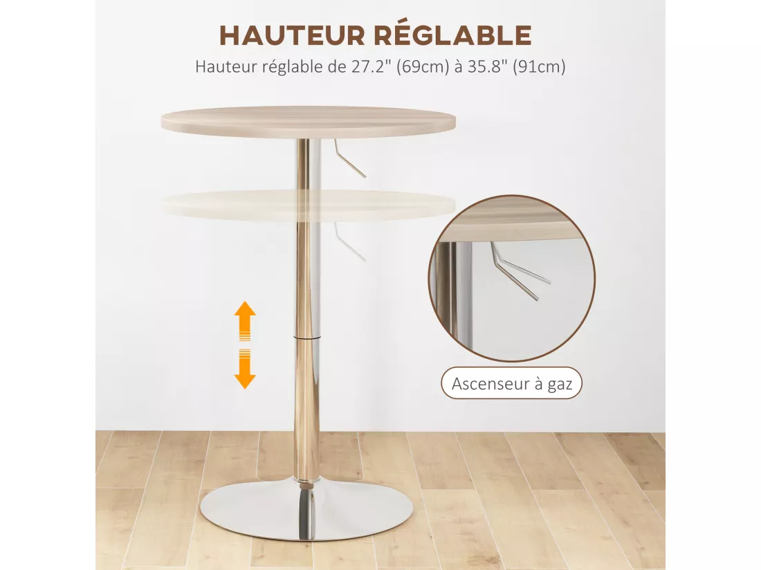 Table de bar ronde Ø 60 cm table bistro chic hauteur réglable 69-91 cm acier chromé aspect bois clair