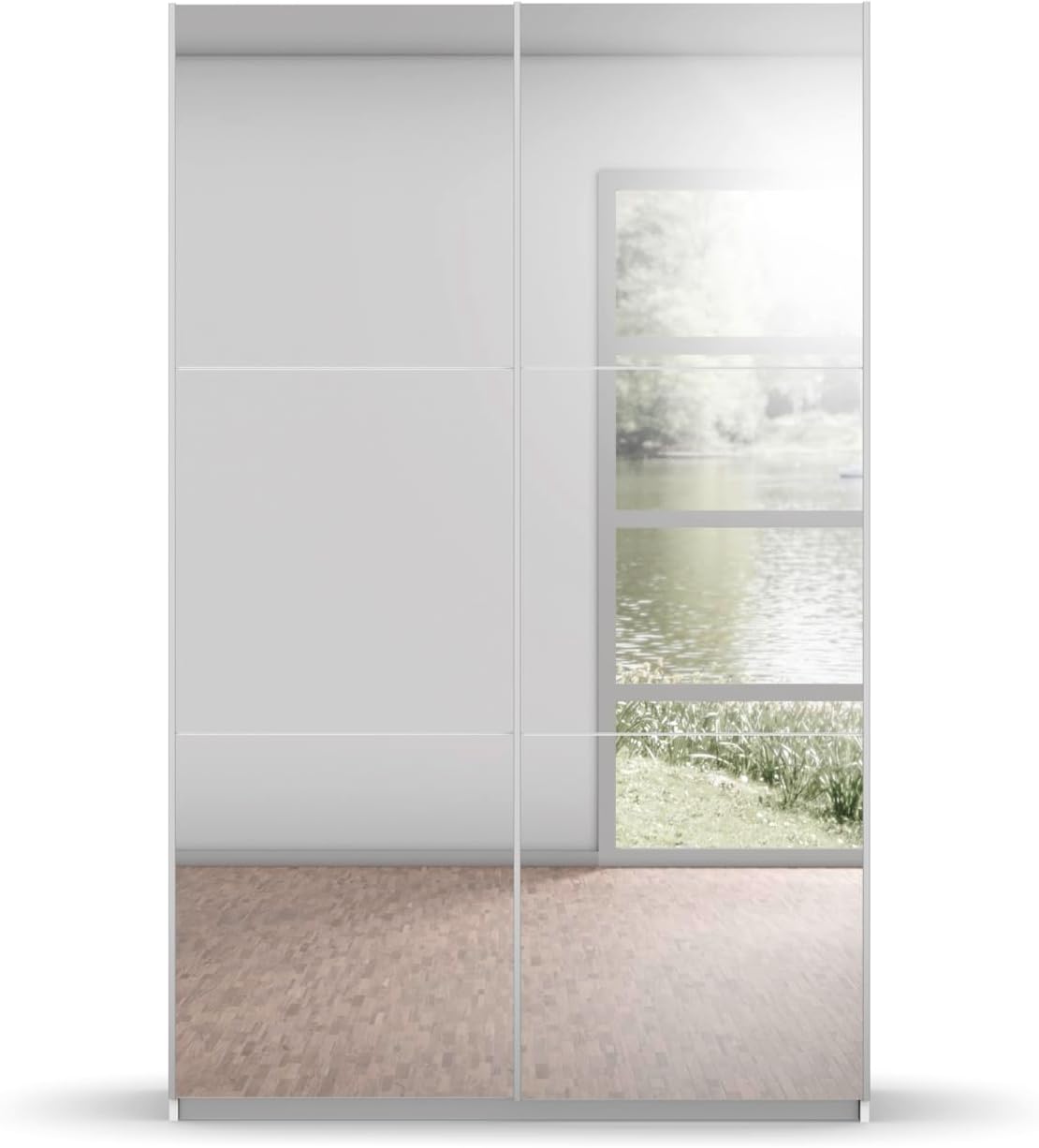 Rauch Möbel Reflect, Schwebetürenschrank, Kleiderschrank, Schrank mit Spiegel, Garderobe, 2-türig, 2 Spiegeltüren, inkl. Stoffkisten und weiterem Zubehör, Farbe Alpinweiß, 131x191x59cm