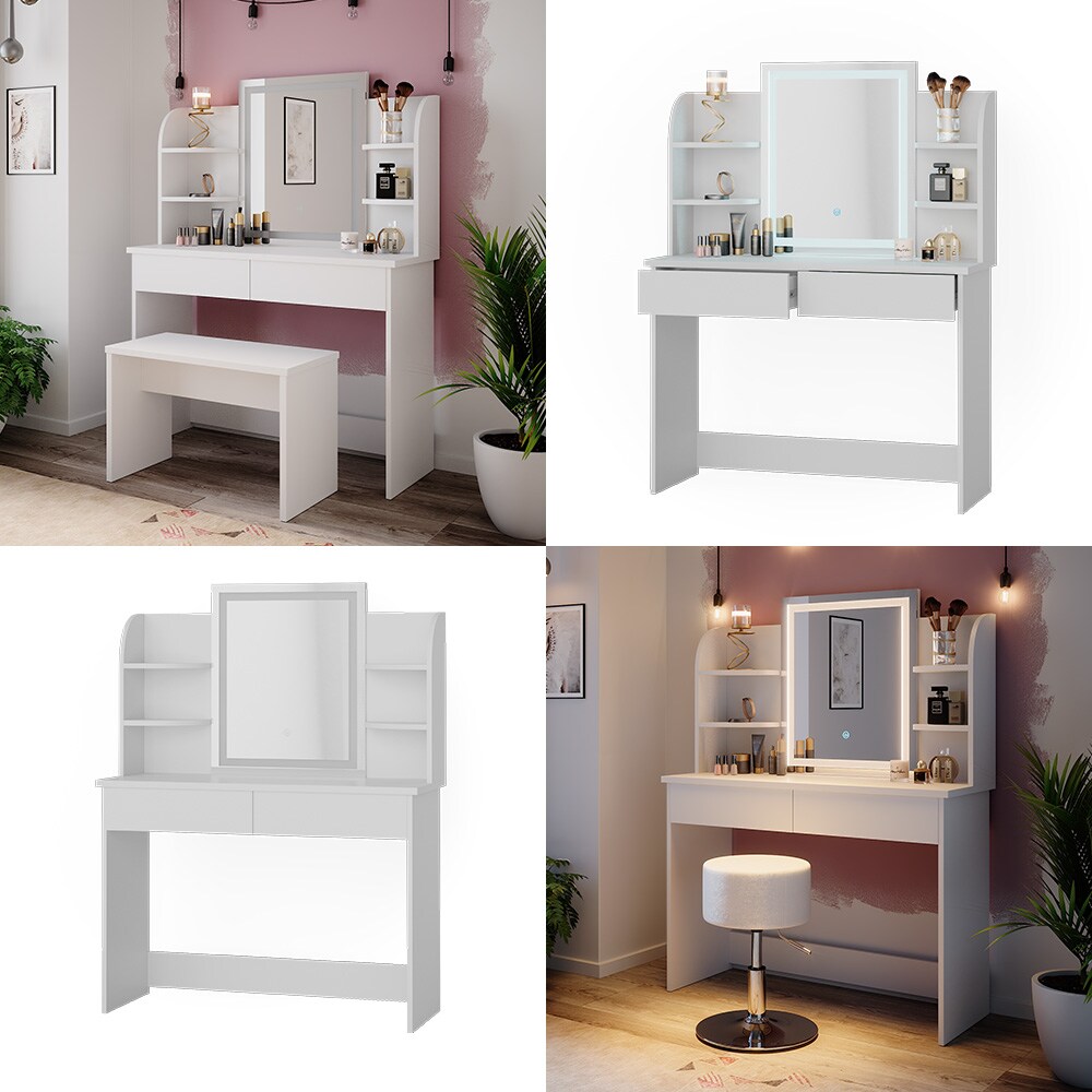 Vicco Schminktisch Frisiertisch Schminkkommode Charlotte Weiß LED-Spiegel 106x142 cm modern Schlafzimmer Kommode Schublade Ablage Aufbewahrung Kosmetiktisch Schminkkonsole Make-Up-Tisch