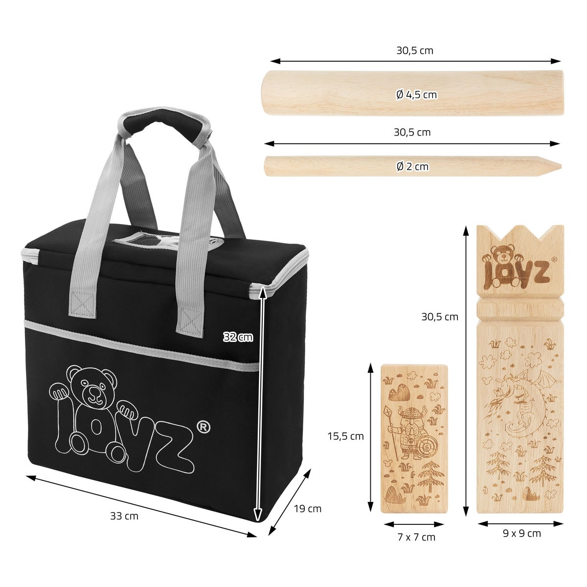 Joyz XXL Viking Kubb Spel van massief hout in premium kwaliteit, 21 spelstukken, voor 2 tot 12 spelers, Viking werpspel, schaakspel, Zweeds schaakspel voor buiten van hout voor kinderen en volwassenen