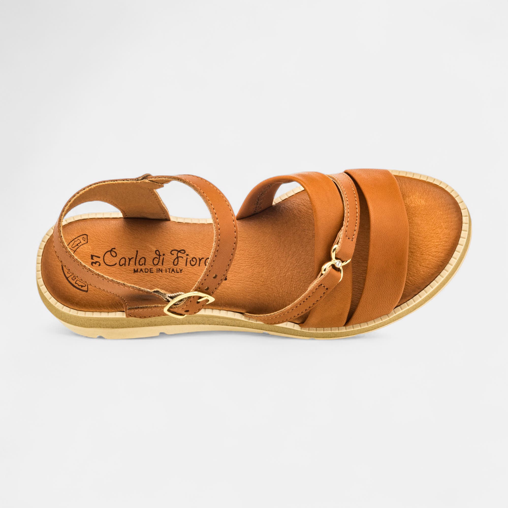 Nu-pieds à talon compensé Femme en cuir cognac