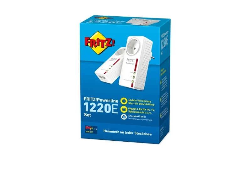 AVM FRITZ!Powerline 1220E - Powerline-adaptersæt 1GbE, HomePlug AV (HPAV) 2.0, IEEE 1901 - kan sluttes til vægstik (pakke med 2)
