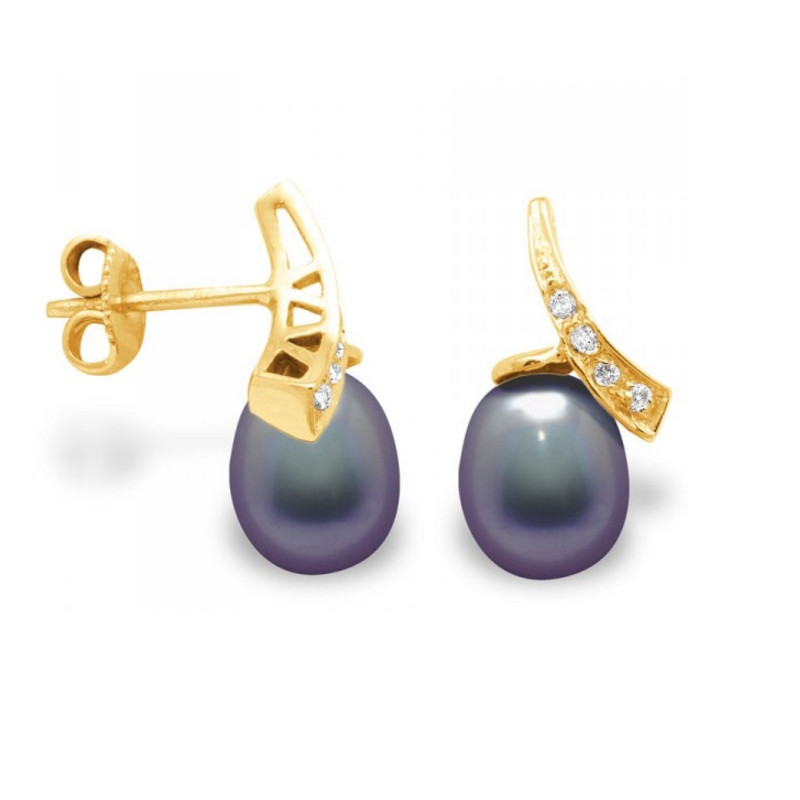 Boucles d'Oreilles Perles de Culture Noires, Diamants et Or Jaune 750/1000