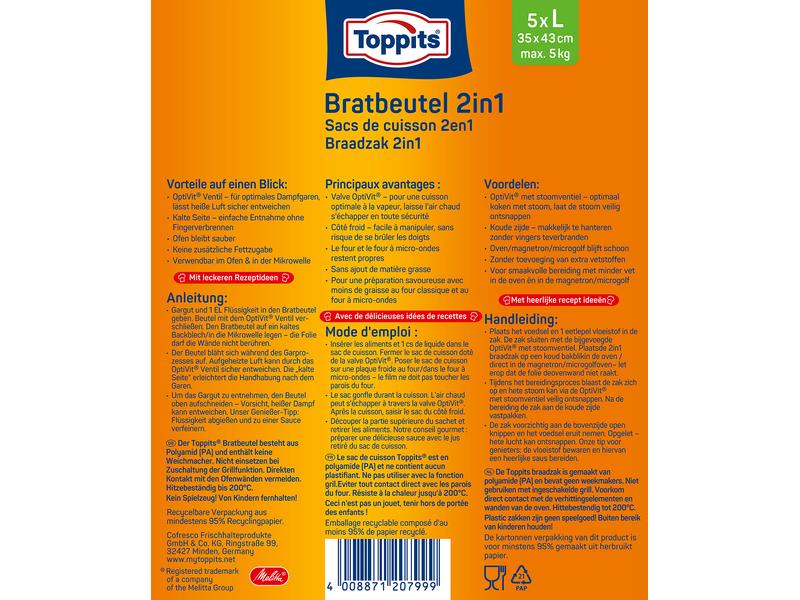 Toppits Bratbeutel 2 in 1 Grösse L, 5 Stück Bratbeutel für fettfreies Braten und Dampfgaren