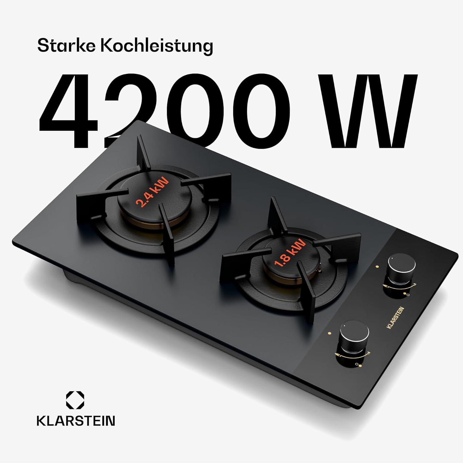 Klarstein Goldflame Nano Gaskochfeld, 2 Brenner, 30 cm, Messingbrenner und Gusseisenhalter, 4.200 W, Nanobeschichtetes Glas, Flammenschutz und Automatische Zündung, LPG/Erdgas-Umrüstsatz Inkl.