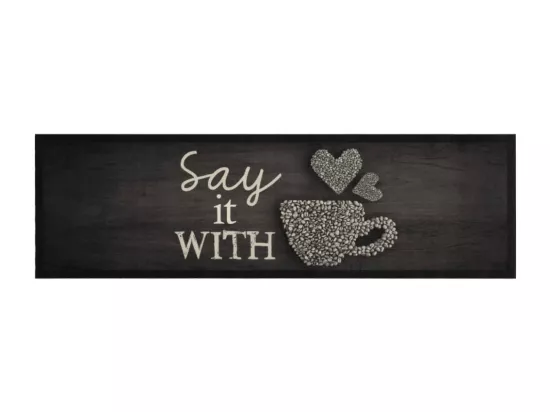 Tapis de cuisine lavable imprimé tasse noir 45x150 cm velours
