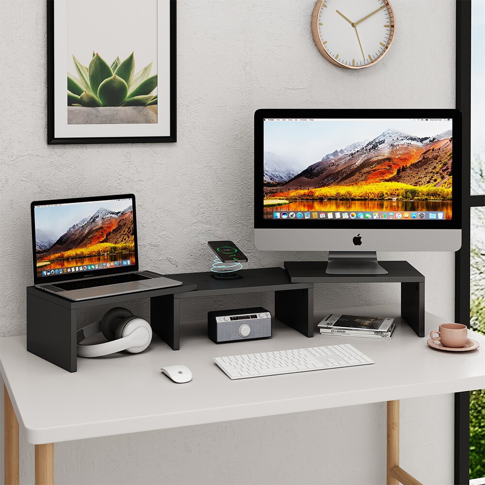Vicco Monitorständer Halva Schwarz 82 x 16 cm mit QI-Ladestation und USB