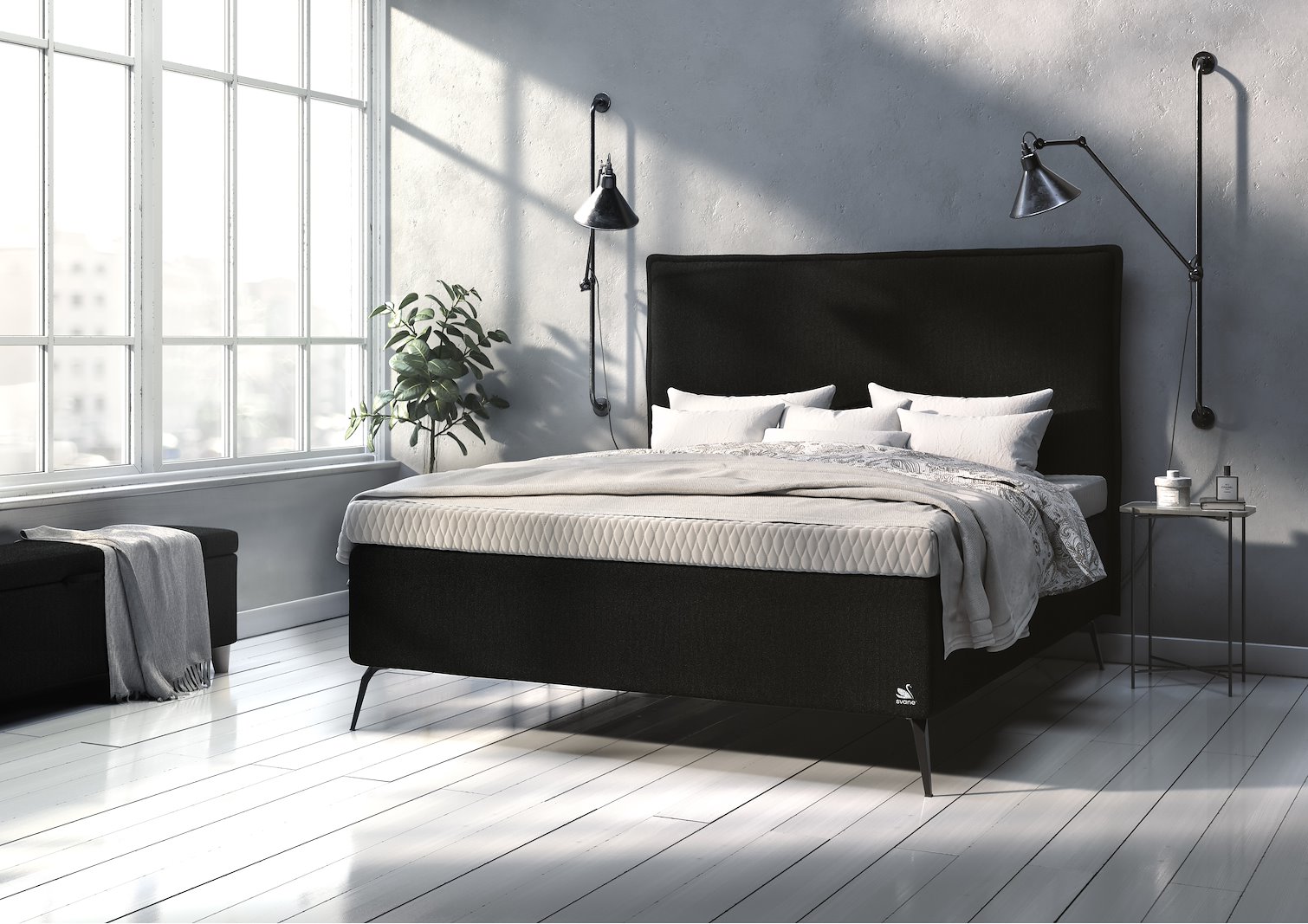 Zoe kontinentalseng Tekstil Dream Graphite, Integrert overmadrass og Diamond legs 19cm sort