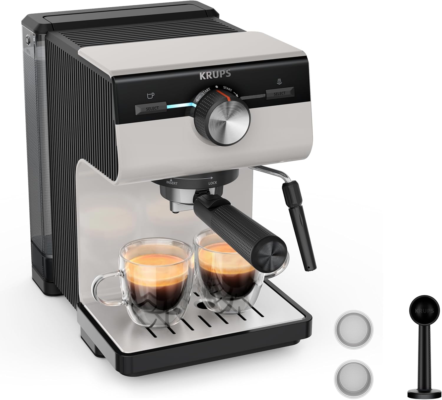 Krups Authentic Espresso-Siebträgermaschine, 15 bar, intuitive Bedienung, raffiniertes Design, integrierte Dampfdüse, 2 L-Wassertank, inkl. Zubehör, Grey/Creme, XP381B10
